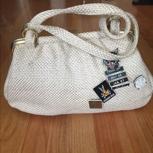 Vintage linen hand bag with pins 1960s